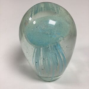 Glass Jellyfish Paperweight Glow In Dark Teal 5” FLAW